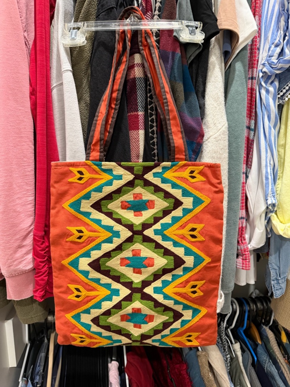 Embroidered Orange Geometric Tote Bag - Women Hobos